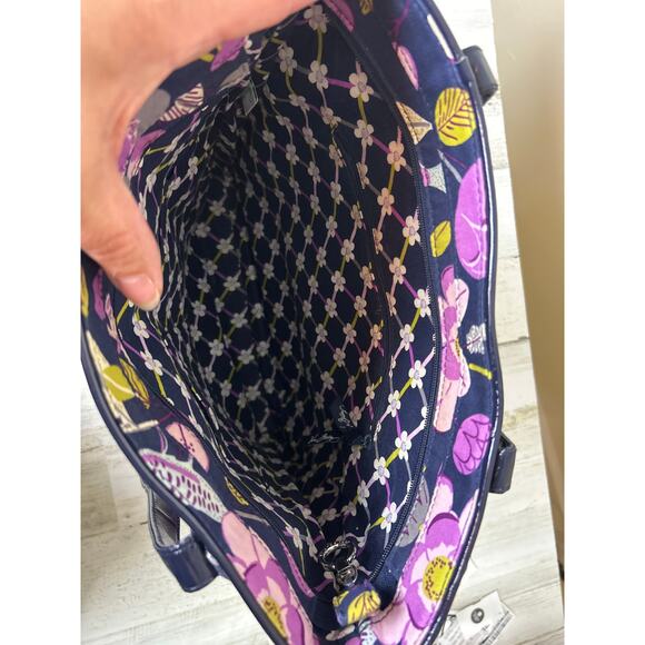 Vera Bradley Plum Petal Fabric Leather Purple Floral Tote Bag Purse Zip Designer - Picture 4 of 6